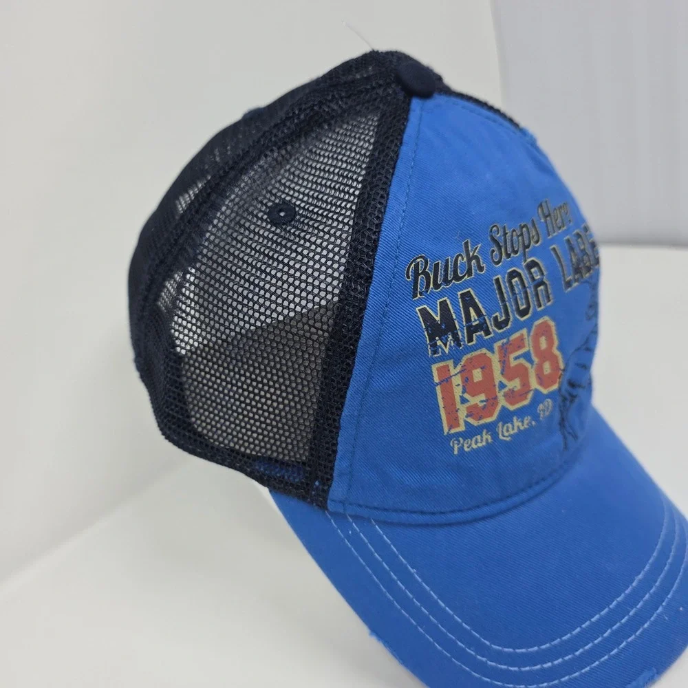Major Label Trucker Hat OSFM Buck Stops Here Peak Lake Idaho Mesh Snapback Blue